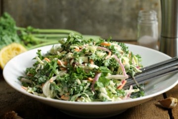 A simple kale slaw ready o be served at a family bbq or potluck