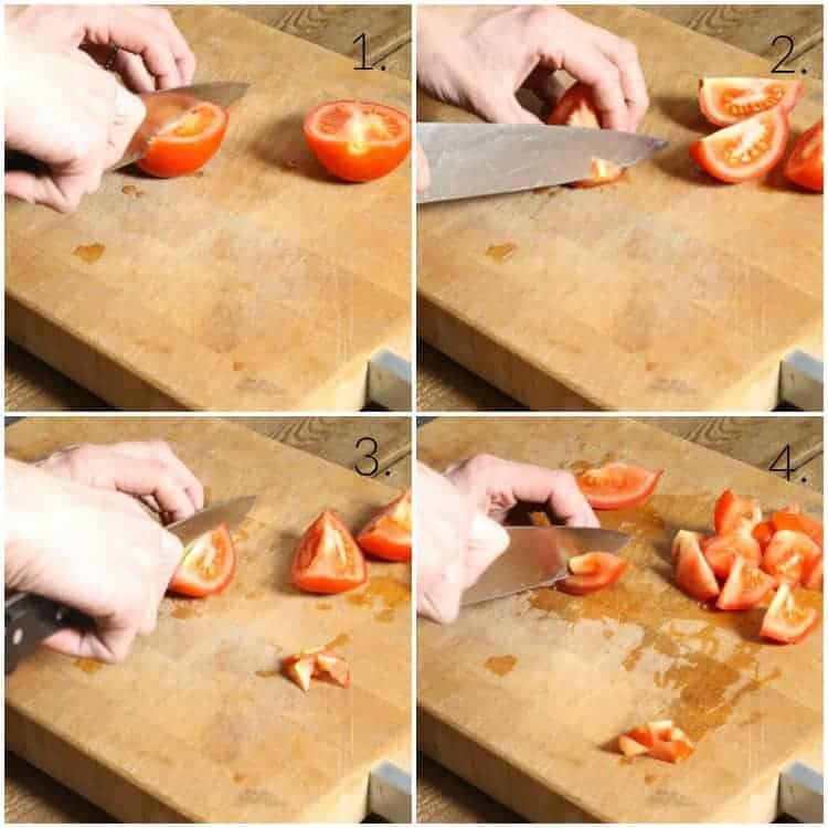 collage showing how to quarter and dice a tomato