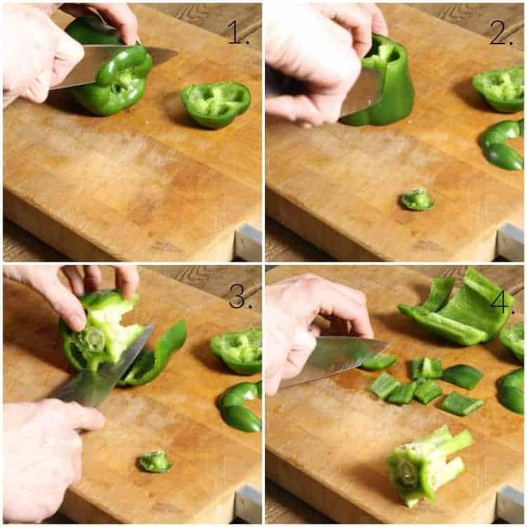 collage of images showing how to clean and dice a bell pepper