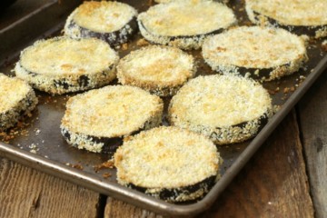 golden brown baked breaded eggplant slices