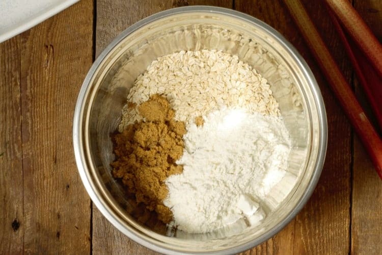 crumble topping ingredients in a steel bowl