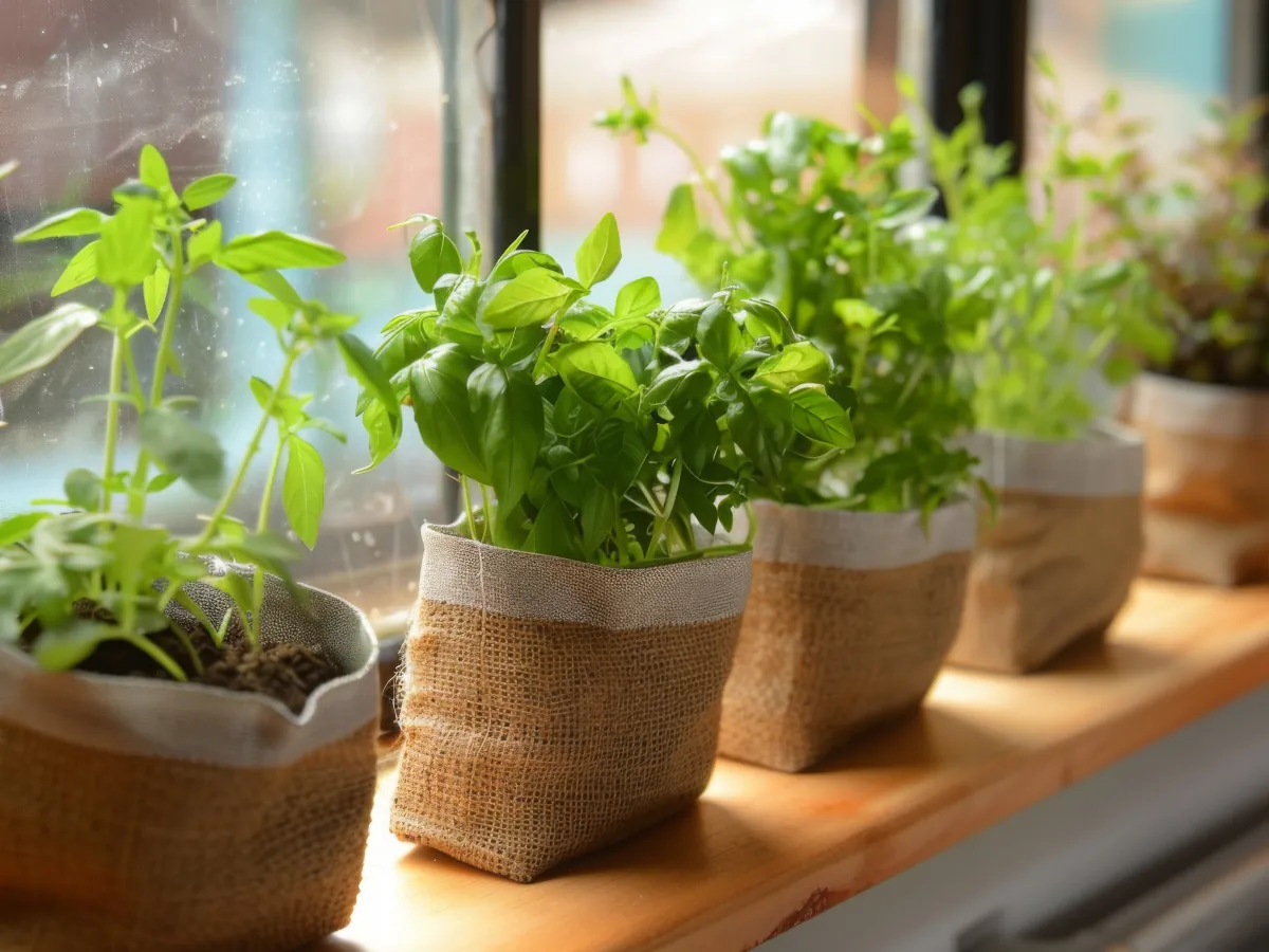 Herbs growing in windowsill pots