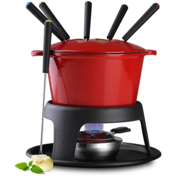 Cast Iron Cheese, Meat and Chocolate Fondue Pot (red) Set possible for Camping, 11-Piece set with 6 Fondue Forks, Serve 6 Persons