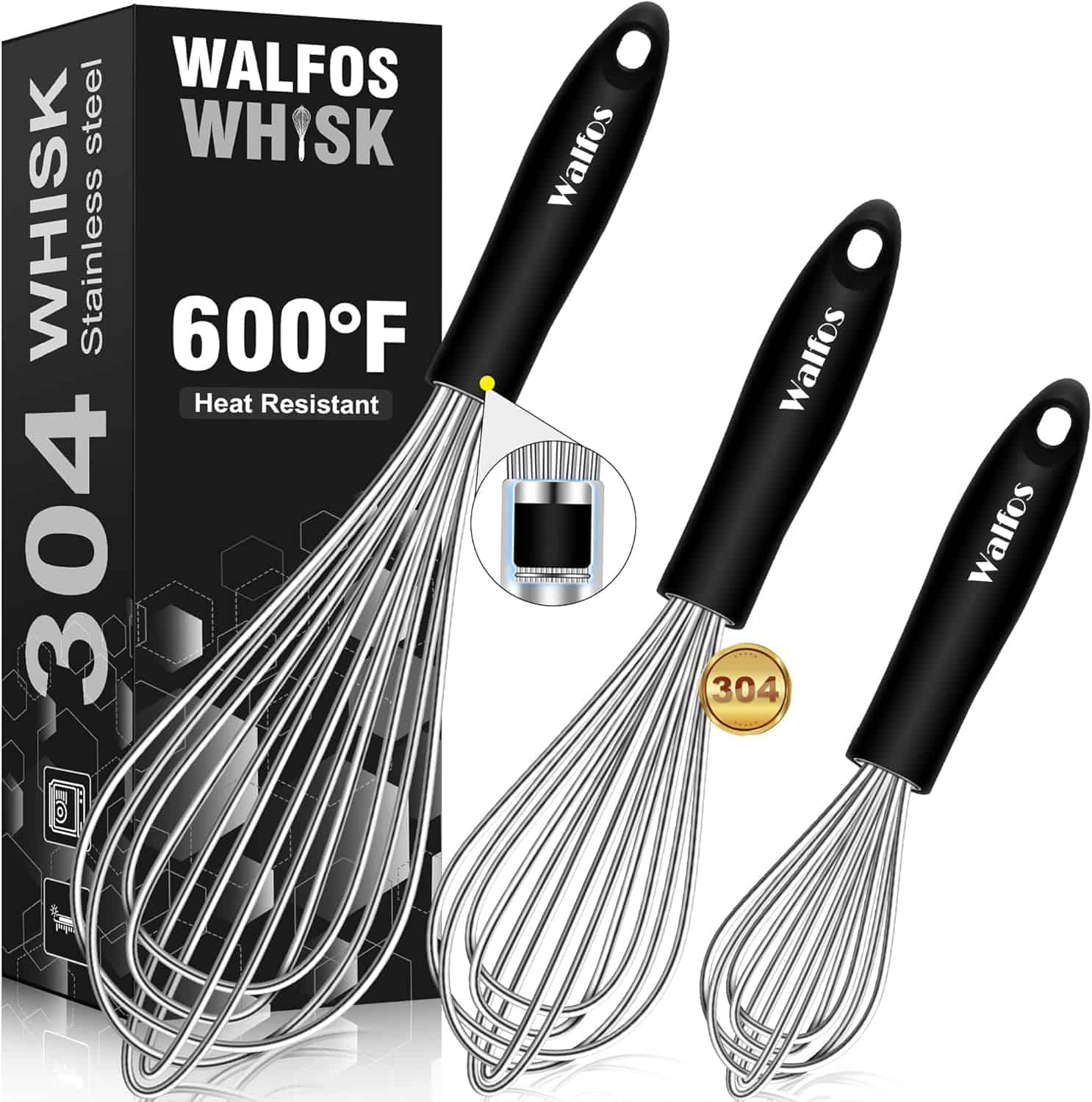 Heat resistant set of 3 Stainless Steel Wire Whisks - Thick Wire Balloon Whisks with Strong Handles - Egg Frothers for Cooking, Blending, Whisking, Beating and Stirring