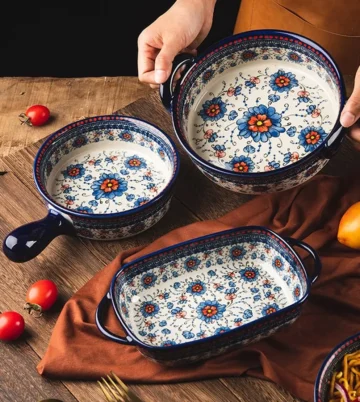 Blue and Orange Flower Vintage Style Ceramic Bakeware