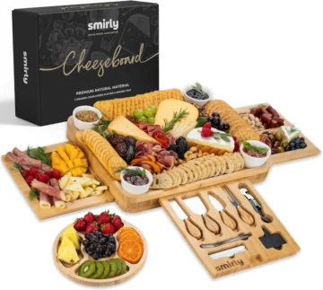 SMIRLY Charcuterie Bamboo Cheese Boards and knife Gift Set includes bowls, cheese knives, and all essentials