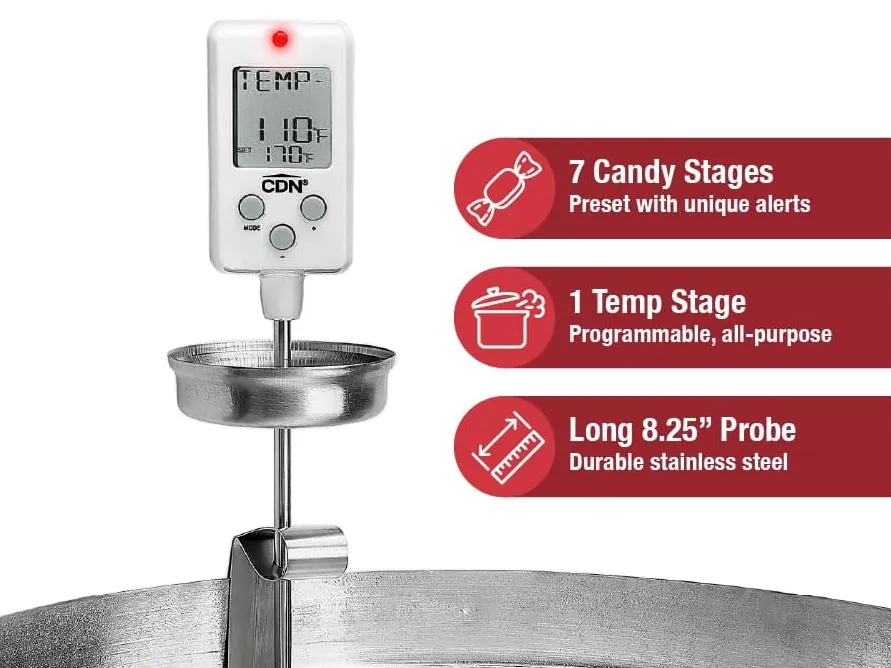 Digital Candy Thermometer Long 8'' Stainless Steel Stem, Adjustable Pot Clip, Preset Candy Stages with Audio/Visual Alerts