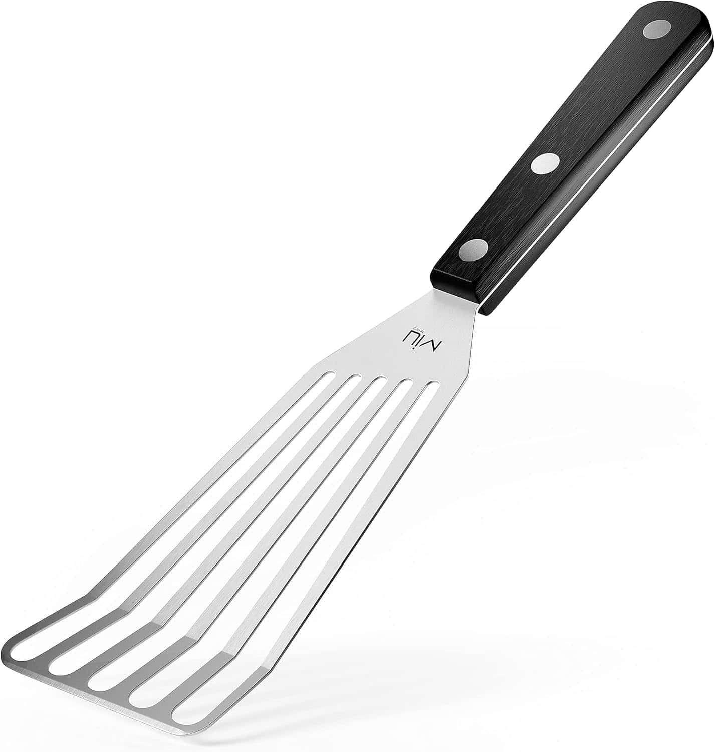 Fish Spatula Stainless Steel, Flexible with black handle also known as Slotted Turner