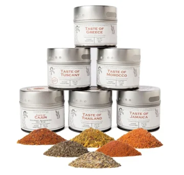 Six magnetic tins of Gourmet Finishing Salts Seasonings & Spices of the World Collection by Gustus Vitae