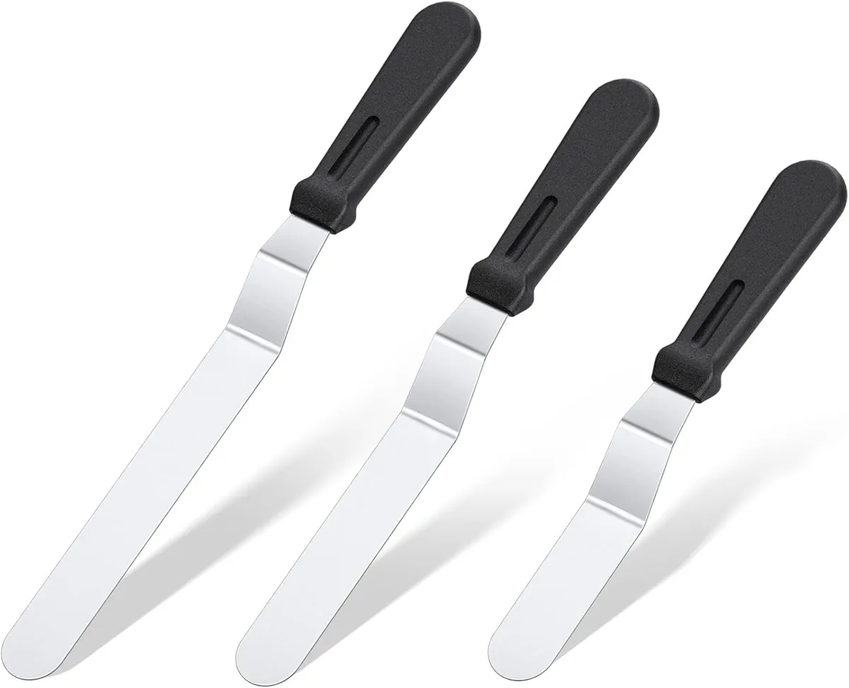 Stainless Steel Offset Spatula Set with 6", 8", 10" Blade black handles, also known as Angled Cake Decorating Frosting spatula