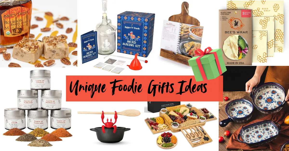 Unique Foodie Gifts Ideas - homemade fudge, mead making kit, gourmet seasoning, Red the crab silicone utensil rest, cheese / charcuterie board, bake ware, beeswax food wraps