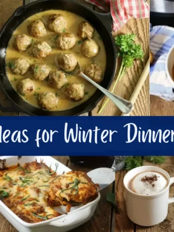 32 Ideas for Winter Dinners - Winter Dinner Meals, beef korma, instant pot chili, Swedish meetballs, winter vegetable - Baked Eggplant, and Quinoa and Sausage Stuffed Acorn Squash, winter soup - Smoky Potato Bacon Corn Chowder, Winter Desserts - Blueberry Bran Muffins, Warming Drinks - Homemade Hazelnut Vanilla Hot Cocoa