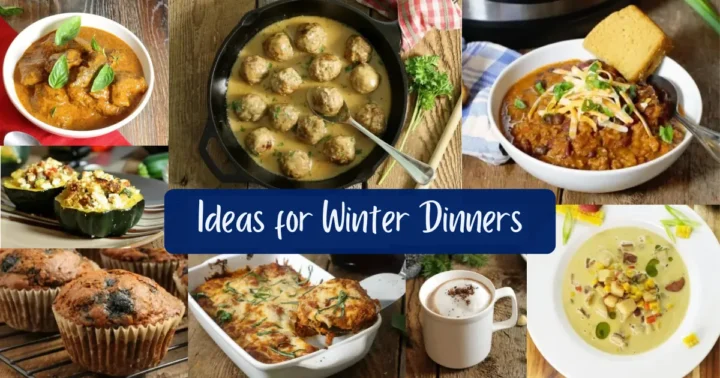 32 Ideas for Winter Dinners - Winter Dinner Meals, beef korma, instant pot chili, Swedish meetballs, winter vegetable - Baked Eggplant, and Quinoa and Sausage Stuffed Acorn Squash, winter soup - Smoky Potato Bacon Corn Chowder, Winter Desserts - Blueberry Bran Muffins, Warming Drinks - Homemade Hazelnut Vanilla Hot Cocoa