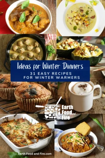 32 Ideas for Winter Dinners - Winter Dinner Meals, beef korma, instant pot chili, Swedish meetballs, winter vegetable - Baked Eggplant, and Quinoa and Sausage Stuffed Acorn Squash, winter soup - Smoky Potato Bacon Corn Chowder, Winter Desserts - Blueberry Bran Muffins, Warming Drinks - Homemade Hazelnut Vanilla Hot Cocoa